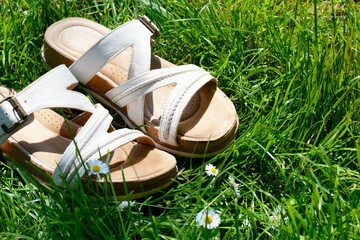 Two white sandals are on the green grass in the middle of the summer day. The green field with two white fashion sandals