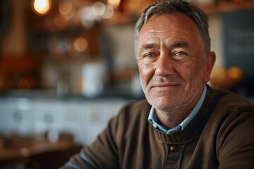 Fototapeta premium Mature Man with Thoughtful Expression in Warm Blurred Setting Portrait of Resilience and Survival
