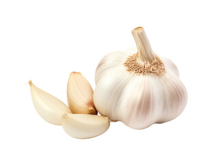 A whole garlic bulb with individual cloves peeled open, displayed on a transparent background. Generative AI
