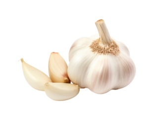 A whole garlic bulb with individual cloves peeled open, displayed on a transparent background. Generative AI
