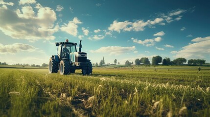 A blue tractor works in the field in summer, copy space.