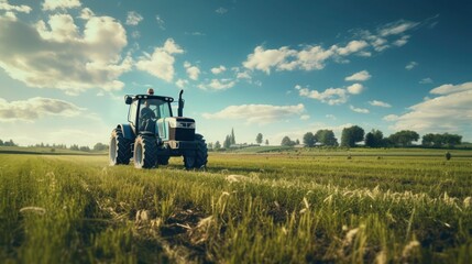 Fototapeta premium A blue tractor works in the field in summer, copy space.