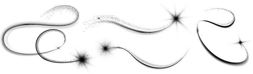 Gold star with magic curve trail on transparent background. Realistic vector illustration set of bright glowing twinkle with flare tail and sparkles. Motion of falling and shooting fairy meteor.