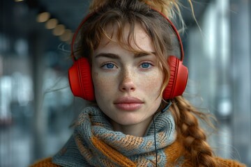 Close up portrait of a beautiful young woman with headphones listening to music - Powered by Adobe