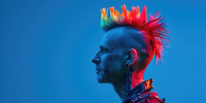 A man with a unique mohawk hairstyle, suitable for fashion or hair salon concepts