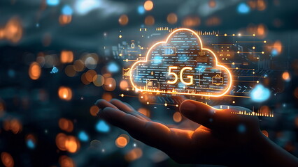 hand holding cloud computing with 5G text, representing faster and smart internet. generative ai
