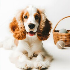 English cocker spaniel young dog is posing. Cute playful white-braun doggy or pet is playing and looking happy isolated on white background. Concept of motion, action, movement.