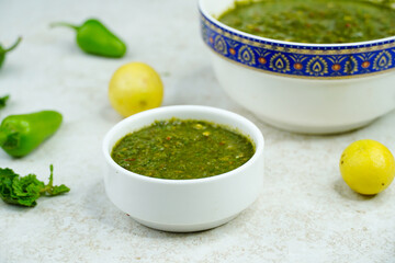 Mint and Green Chilli Sauce, Made with Tamarind Mint Coriander and Spices. Podina Chatni