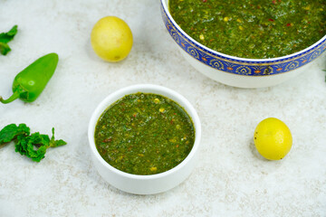 Mint and Green Chilli Sauce, Made with Tamarind Mint Coriander and Spices. Podina Chatni