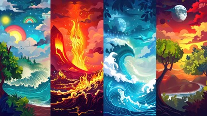 Illustrations of the four zodiac elements Fire, Water, Air, Earth interacting with their corresponding zodiac signs in natural settings,