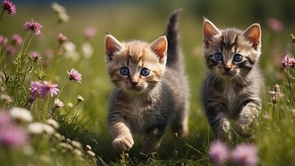 Cute little kittens sitting in the meadow with daisy flowers 