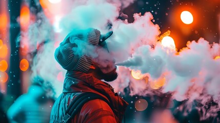 a man with a horned hat is smoking a cigarette in the street at night time