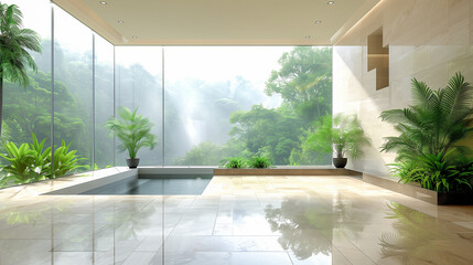 Spacious indoor lounge with floor-to-ceiling windows offering a stunning view of a tropical forest and waterfall