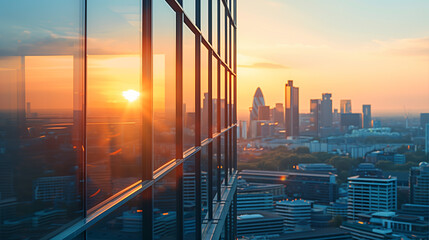 Sunset view over a cityscape through a glass building facade