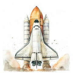 Naklejka premium A simple watercolor scene illustrates an interplanetary shuttle station, shuttles ready to depart for Mars, Clipart minimal watercolor isolated on white background