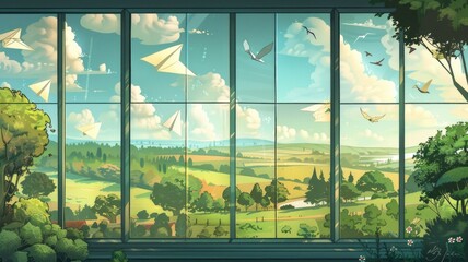 paper airplane's journey from a city office window across various landscapes,