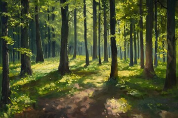 Embrace the tranquility of a serene forest scene, where sunlight filters through the canopy, casting dappled shadows on the forest floor --ar 3:2 Job ID: b4ca9e85-035d-4eb1-9c7d-8afe484642a6