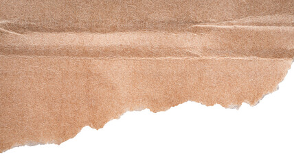 Isolated cut out torn piece of blank brown cardboard paper with texture and copy space for text
