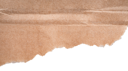 Isolated cut out torn piece of blank brown cardboard paper with texture and copy space for text

