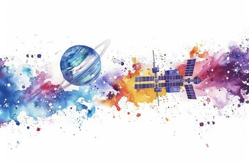 A simple watercolor scene of a hightech communication hub, satellites and antennae linking the world in realtime, Clipart minimal watercolor isolated on white background