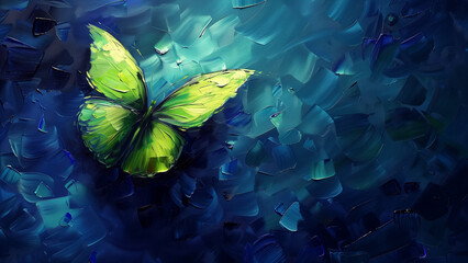 Nature’s Contrast: Green Butterfly on Deep Blue Oil Painting