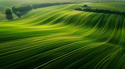 Сalming bird's eye view of  pattern on green fields