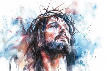 Artistic watercolor of Jesus with the crown of thorns focusing on the symbol of sacrifice and redemption