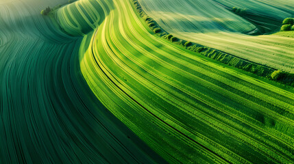 Сalming bird's eye view of  pattern on green fields