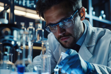 male researcher scientific research and Working in a lab, emphasizing the meticulous nature of laboratory work.