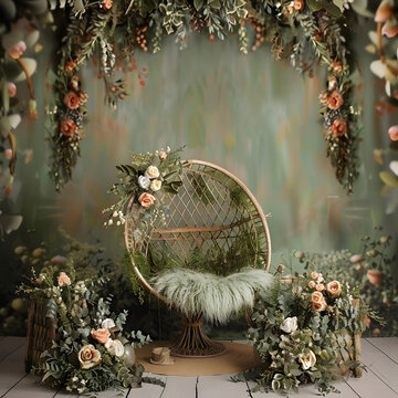 Green floral Chair Newborn Digital Backdrop Photography, empty room, front view,