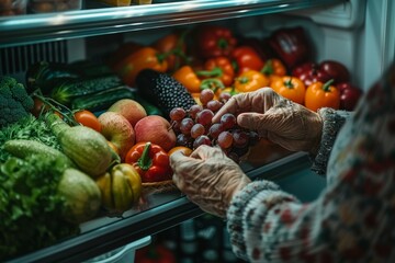 A woman is reaching for a bunch of grapes in a refrigerator