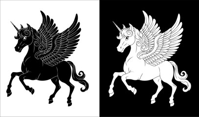 Unicorn Pegasus horse with wings and horn cartoon mythological animal from Greek myth illustration