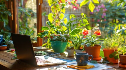 Modern office desk with laptop, coffee cup, and office supplies for productivity
