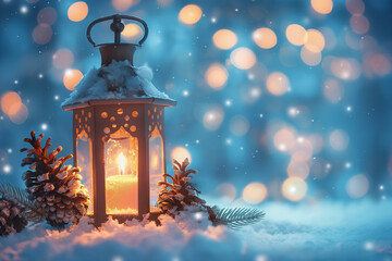 Snowy Lantern with Warm Light, Festive Winter Scene with Copy Space