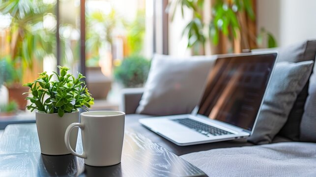 Contemporary office workspace with laptop, coffee cup, and variety of supplies for productivity