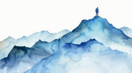 A watercolor painting shows a lone hiker reaching the peak of a mountain, the vista sprawling endlessly beyond, Clipart minimal watercolor isolated on white background
