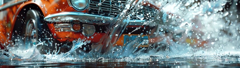 Capturing the motion of a vintage car tire as it cuts through a puddle, the splash crystallizes a moment of rainy day driving.