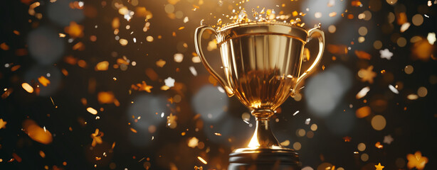 Golden Trophy in Confetti Rain, Celebration of Achievement, Copy Space