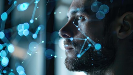 A man with a beard looking at a computer screen with a blue face