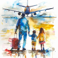 A watercolor painting shows the excitement of a family s first trip abroad, standing together at the airport, Clipart minimal watercolor isolated on white background