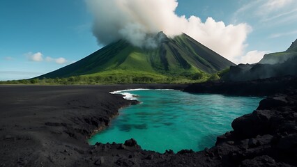 Volcano eruption with smoke and ash in the ocean.