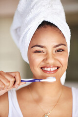 Smile, dental care and portrait of woman with toothbrush for morning hygiene routine in bathroom. Happy, wellness and female person with oral health product for plaque, gums and fresh breath at home.