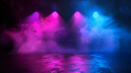 Fototapeta premium Empty modern stage with bright background for performance, stage lighting with spotlights for dance performance ,Abstract with coloured smoke on black background