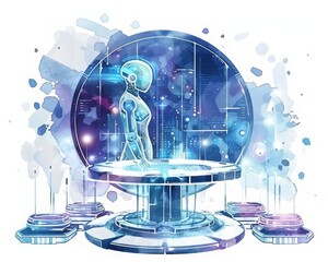 The clean watercolor depiction of an artificial intelligence research center, sleek designs and holographic interfaces, Clipart minimal watercolor isolated on white background
