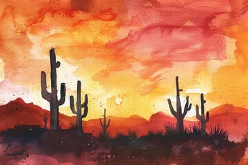 The clean watercolor depiction of a desert scene at dusk, cacti silhouetted against a fiery sky, Clipart minimal watercolor isolated on white background