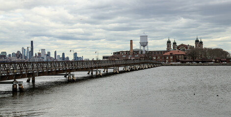 ellis island view with bridge and hudson river (from liberty state park in jersey city nj) new...