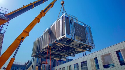 A crane is lifting a large piece of equipment