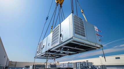 A crane is lifting a large piece of equipment