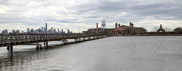 ellis island view with bridge and hudson river (from liberty state park in jersey city nj) new...