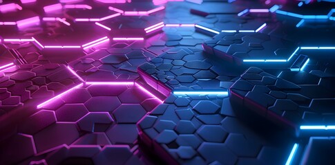 3d render of abstract glowing neon background with hexagon pattern, colorful, blue purple and black colors